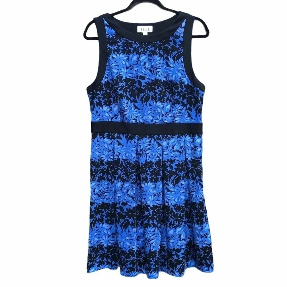 Elle Striped Floral Sleeveless Dress Pleated Blue